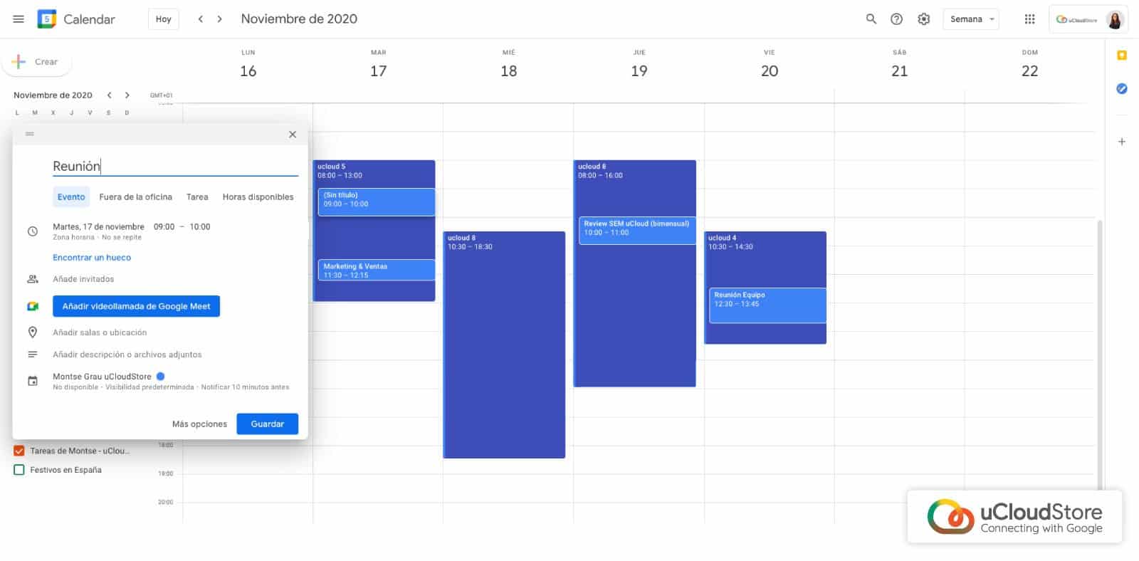 Imagen de creación de eventos Google Meet desde Calendar